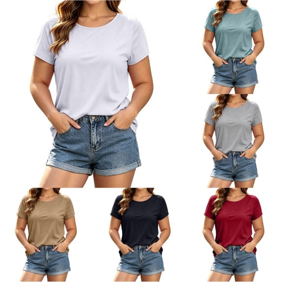 Ulitacool Summer T Shirts For Women O Neck Short Sleeve Solid Color Tops Trend Clothing 4Xl White