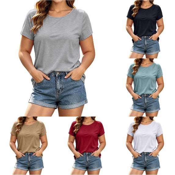 Ulitacool Summer T Shirts For Womens O Neck Short Sleeve Solid Color Tops Fashion Clothing 5Xl Grey