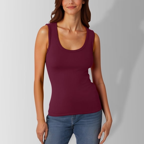 Ulitacool Summer Tank Tops For Women Wide Strap Low Round Neck Ribbed Casual T Shirt Sleeveless Sport Vest Durable Wear 2Xl Red