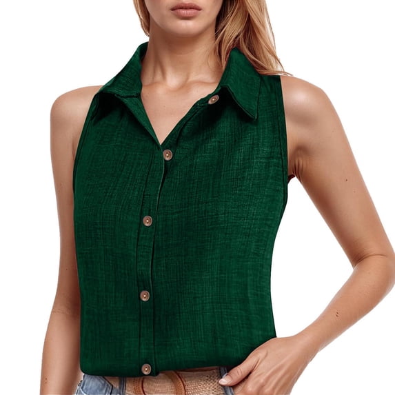 Ulitacool Summer Tank Tops For Womens Ladies' Lapel And Linen Button Sleeveless Shirt And Vest Trend Tops S Dark Green
