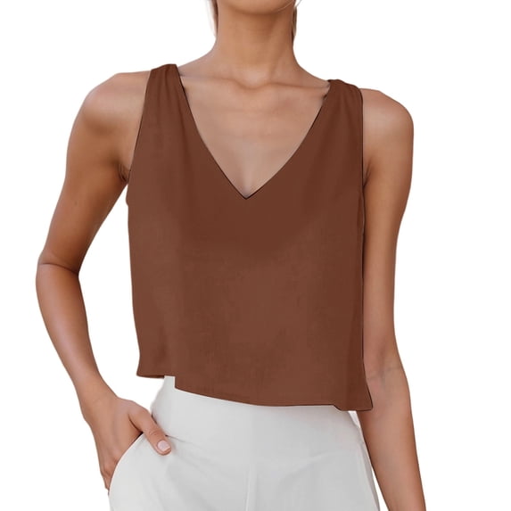 Ulitacool Summer Tank Tops For Womens Linen Sleeveless Tank Top Summer Breathableloose Fit V Neck Blouse Tunic Shirt Trend Daily Wear L Coffee