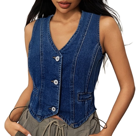 Ulitacool Summer Tank Tops For Womens Solid Color Wash Denim Crop Vest V Neck Top Sleeveless Button Jacket Classic Clothing S Blue