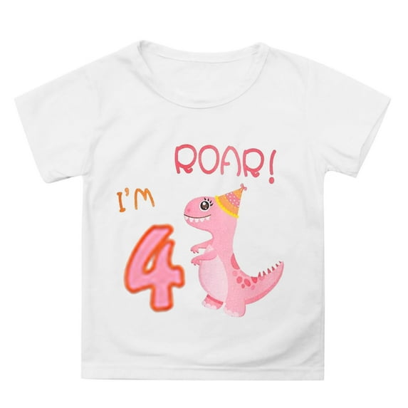 Ulitacool Summer Tshirts For Girls 12-13 Years Short Sleeve Dinosaur Graphic Tee Crewneck Birthday Girl Top 4T Sweet Homewear White