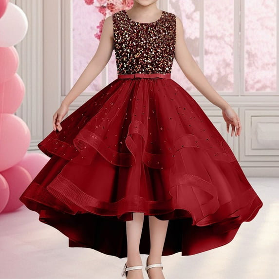 Ulitacool Sundress For Girls Sleeveless Flower Pageant Dress Crewneck Sequin Lace Wedding Gown Party Dresses Classic Wear 4-5 Years Wine