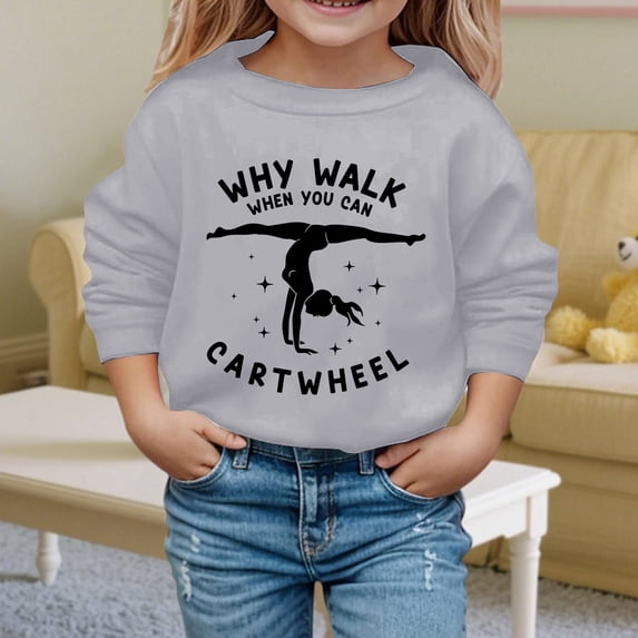 Ulitacool Sweatshirts For Girl Long Sleeve Shirts Letter Pattern Crewneck Top Retro Playsuit 5-6 Years Grey