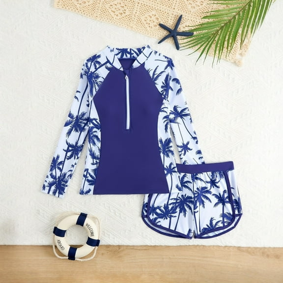 Ulitacool Swimsuit For Girl Swimwear Long Sleeve Rash Guard With Shorts Sun+ Swim Suit For Kids Pool Beach Summer Water Play Cute Beach Wear 11-12 Years Blue