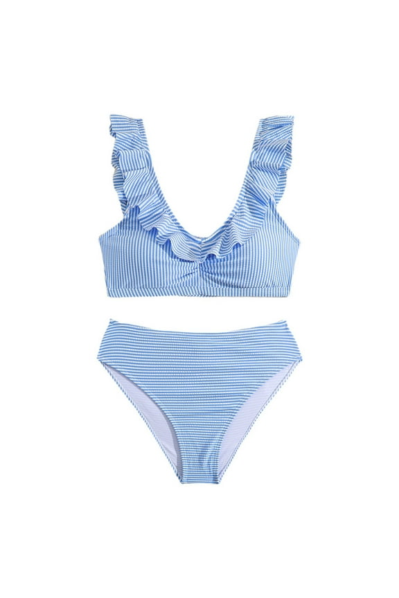 Swimsuits For Teens 13 Years Two Piece Striped Prints Bikini Swimwear Bathing Suit Retro Girl Clothes Light Blue