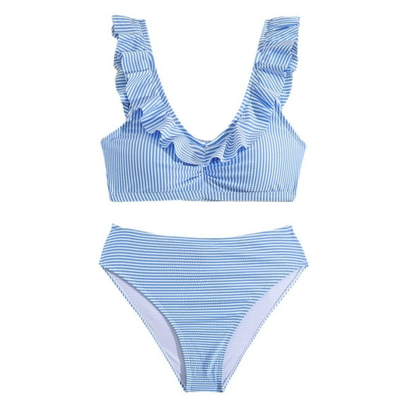 Ulitacool Swimsuits For Teens 13 Years Two Piece Striped Prints Bikini Swimwear Bathing Suit Retro Girl Clothes Light Blue
