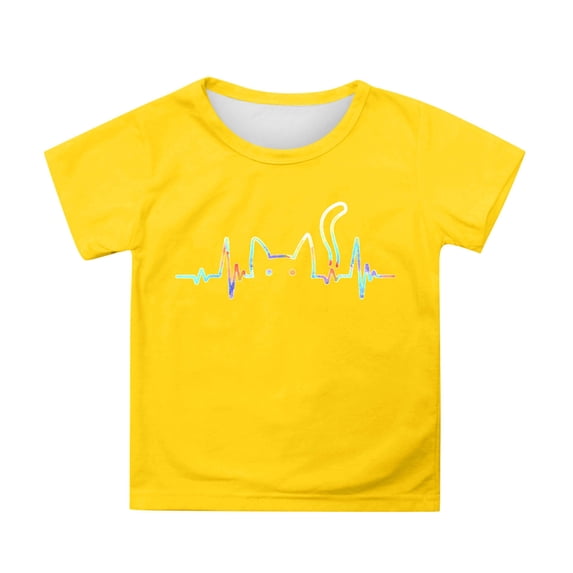 Ulitacool T Shirt For Girl Simple Short Sleeve Tops Crewneck Cartoon Prints Tee Tops Summer Clothing 8-9 Years Yellow