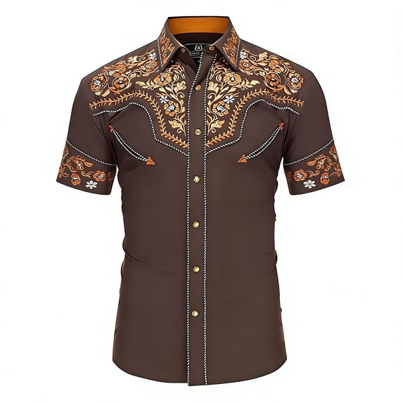 Ulitacool T Shirts For Boy Lapel Western Cow Printops Short Sleeve Button Down Top For Children And Youth Casual Teen Clothes Brown 10-11 Years