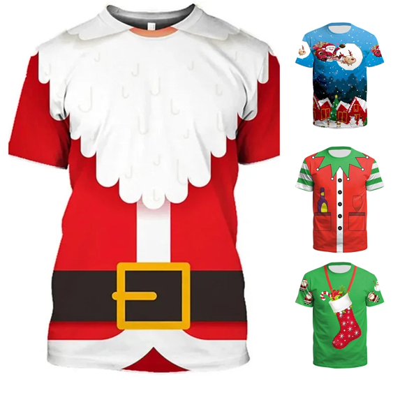 Ulitacool T Shirts For Mens Christmas Day Clothing Cartoon Print Loose Crew Neck Short Sleeve Classic Clothing White