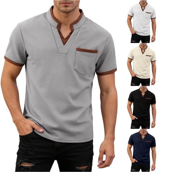 Ulitacool T Shirts For Mens Plaid Pattern Shirt With Pocket Short Sleeve Tops Fashion Wear Grey