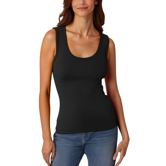Ulitacool Tank Tops For Womens Ladies' Low Round Neck Ribbed T Shirt Sleeveless Elastic And Form Fitting Vest Tee Fashionable Clothing 2Xl Black