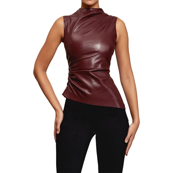 Ulitacool Tank Tops For Womens Solid Color Leather Collarless Asymmetrical Hem Slim Fit Sleeveless Vest Top Retro Daily Wear M Red