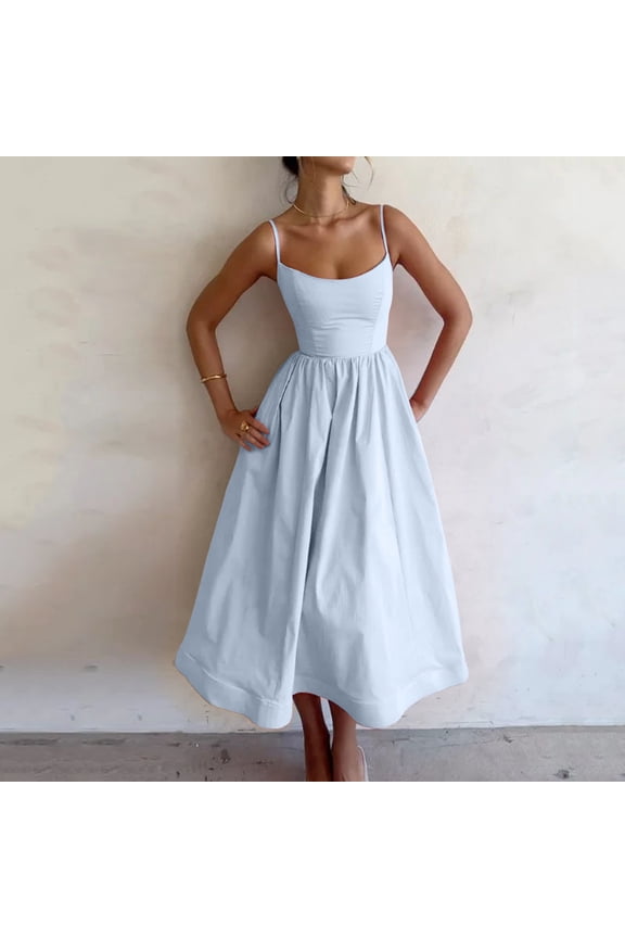 Tea Party Dresses For Woman Sleeveless Sling Long Dress Summer Solid Color Backless A Line Bandage Dress 2Xl Blue