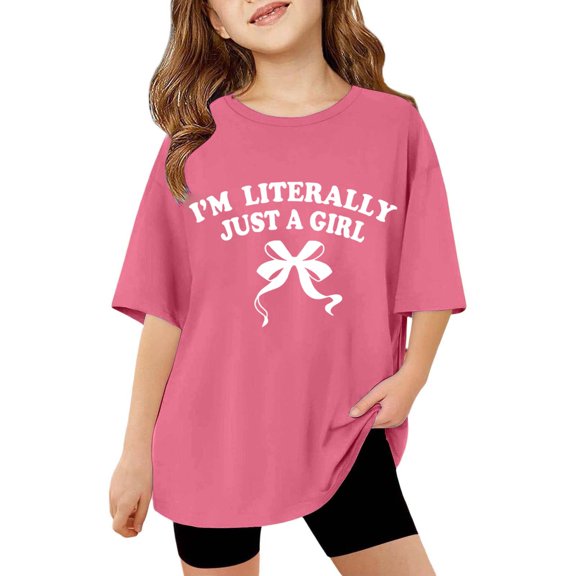 Ulitacool Tee Shirts For Girls Crewneck Blouse Short Sleeve Cartoon Prints T Shirt Lightweight Tee Basic Wear Pink 3-4 Years