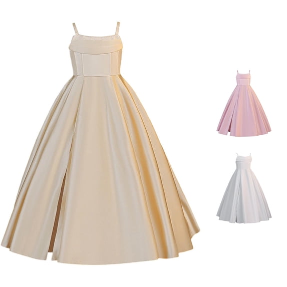 Ulitacool Teen Dresses For Girls Sleeveless Round Neck Gown Solid Color Flower Girl Dresses For Weddings And Parties Trend Clothing 9-10 Years Beige