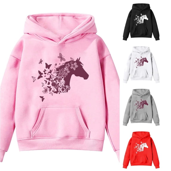 Ulitacool Teen Fall Sweatshirts For Girls Crewneck Hoodies Cartoon Pattern Long Sleeve Top Handsome Wear 13-14 Years Pink