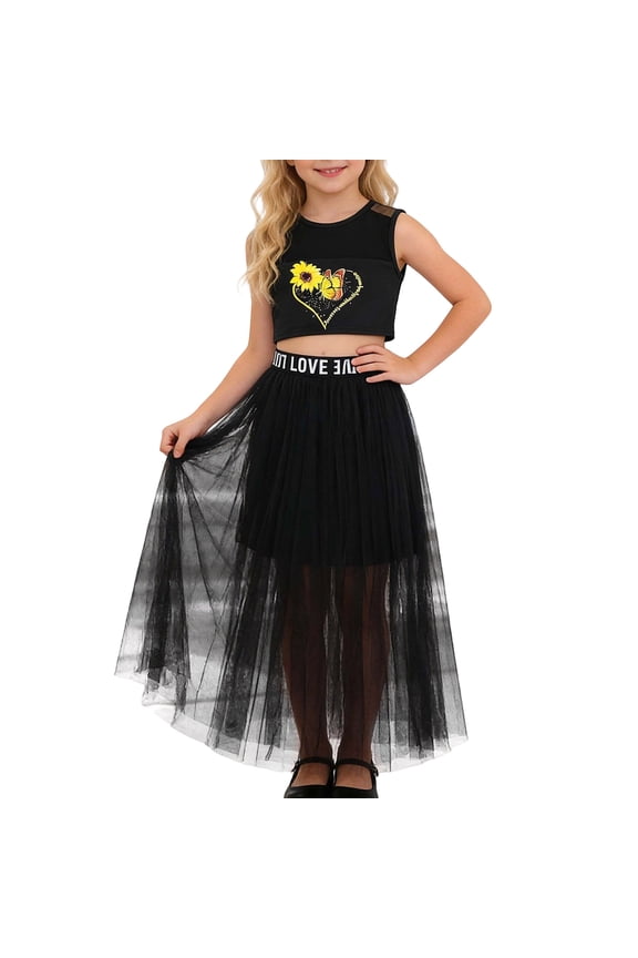 Teen Girl Clothes Crewneck Summer Outfit Sleeveless Crop Top With Mesh Layered Skirt Two Piece Coordinated Play Dress Fashion Outfits Spring Clothings Black 9-10 Years