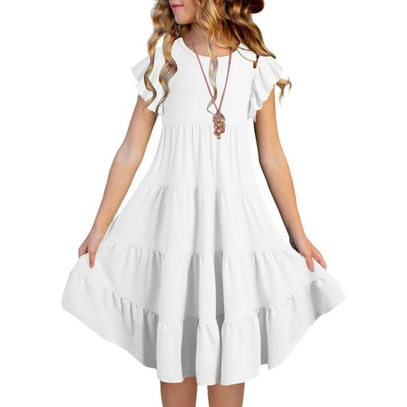 Ulitacool Teen Girl Dress 10-11 Years Summer Dresses Double Layer Flutter Sleeve Flowy A Line Dress Gradient Midi Dresses Trend Girl Clothing White