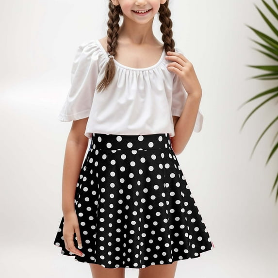 Ulitacool Teen Girl Dress 9-10 Years Kids Polka Dot Print Vintage Skirt Pretty Girl Clothing Black