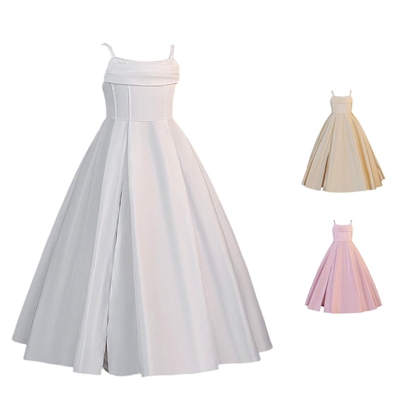 Ulitacool Teen Girl Dresses Sleeveless Round Neck Gown Solid Color Flower Girl Dresses For Weddings And Parties Basic Wear 9-10 Years White