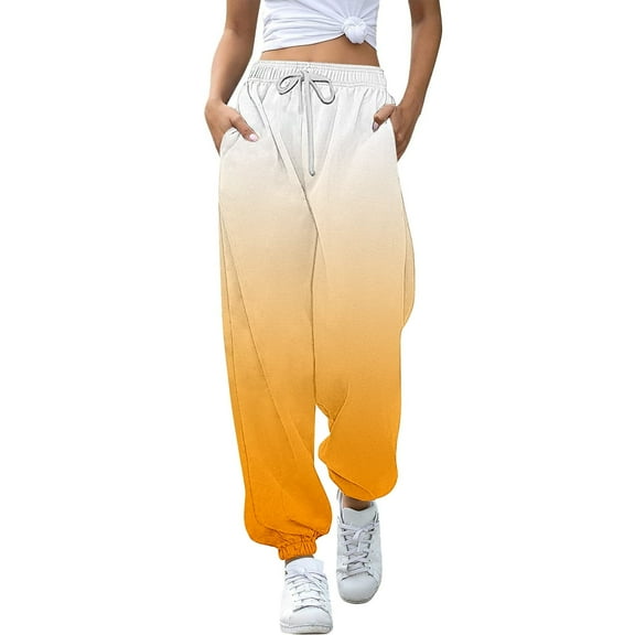 Ulitacool Teen Girl Pants 13-14 Years Bottoms Sports Sweatpants Batik Colour Gradient Drawstring Jogging Leggings Training Trousers Adorable Daily Wear Orange