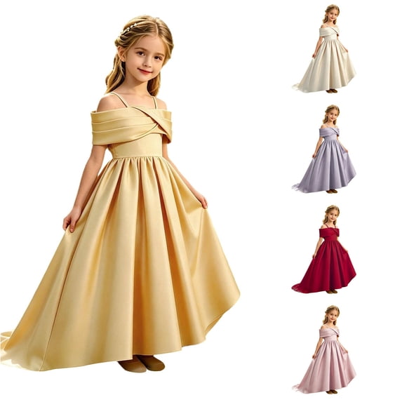 Ulitacool Teen Girls Dresses Short Sleeve Round Neck Tailcoat Dresses For Weddings And Parties Graphic Prints Gown Simple Clothes 11-12 Years Gold