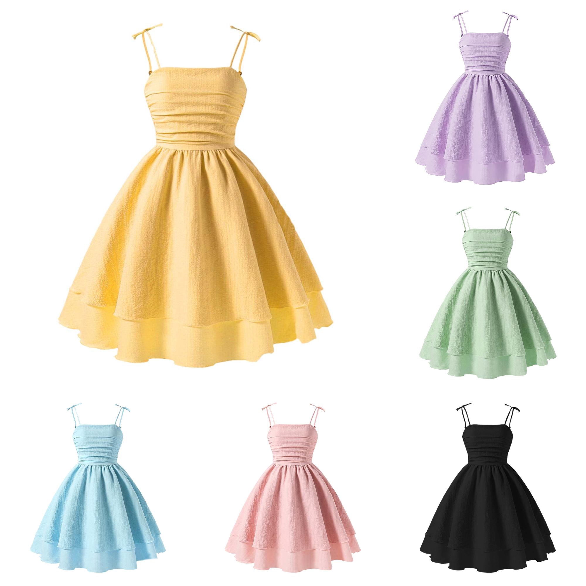 Ulitacool Girls Dresses Summer Crewneck Sundress Sleeveless Cartoon Graphic Dresses Basic Clothing 13-14 Years Yellow