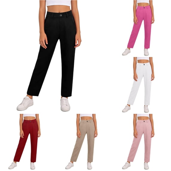 Ulitacool Teen Girls Pants 11-12 Years Empire Waist Straight Leg Dress High Stretchy With Pockets Wear Black