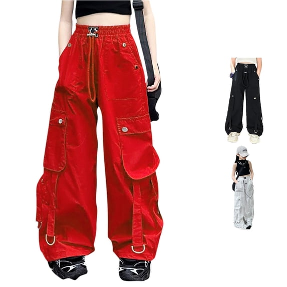 Ulitacool Teen Pants For Girls 12-13 Years Cargo Bottoms High Waist Wide Leg Joggers For Casual Dance Outdoor Activities Clothing Red