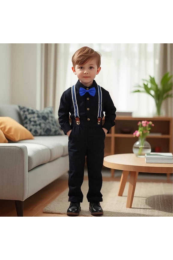 Toddler Boys Outfits Lapel Tops Suspender Pants Long Sleeve Gentleman Suit Solid Color Classic Clothing 18-24 Months Black2