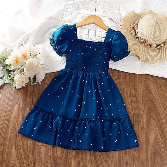 Ulitacool Toddler Girl Dress 2-3 Years Dresses Sleeves Short Sleeved Pleated Polka Dot Princess Dress Summer Beach Dress Trend Girl Clothing Blue