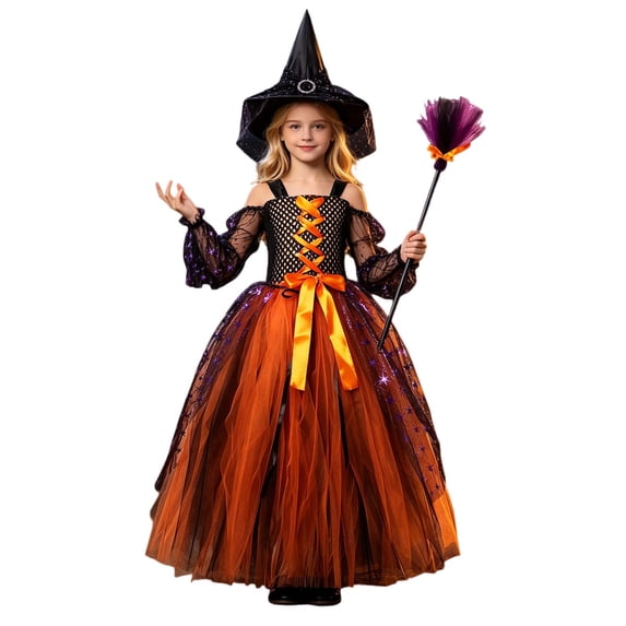 Ulitacool Toddler Girl Halloween Dress Crewneck Sundress Cartoon Pattern Sleeveless Hallowmas Leisure Clothes 2-3 Years Orange