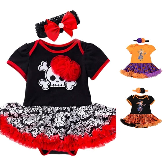 Ulitacool Toddler Girl Halloween Dress Short Sleeve Sundress Round Neck Pumpkin Graphic Hallowmas Cute Daily Wear 12-24 Months Red