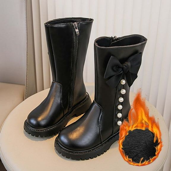 Ulitacool Toddler Girls Boots Bowknot Long Boots Autumn And Winter Kids Warm High Top Shoes Comfy Basic Shoes 7-8 Years Black