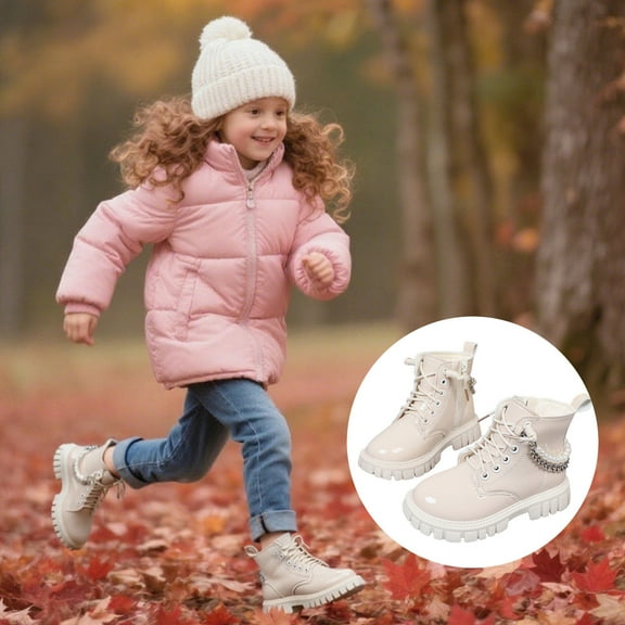 Ulitacool Toddler Girls Boots Children'S Low-Top Martens Boots Glitter Pearl Chain Boots Girls British Style Ankle Height Leather Boots Fall Winter Shoes Casual Basic Shoes 39 Beige