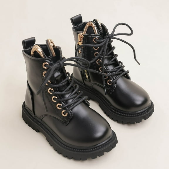 Ulitacool Toddler Girls Boots Girls Ankle Boots With Bunny Ear Laces Soft Leather Upper Side Zipper For Winter Outfit And Daily Wear Durable Basic Shoes 11-12 Years Black