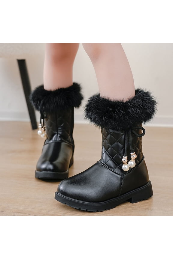 Toddler Girls Boots Girls' Autumn And Winter Boots Platform Soles Non Warm Comfort Solid Color Bow Side Zip Boots Relax Fit Basic Shoes 11-12 Years Black