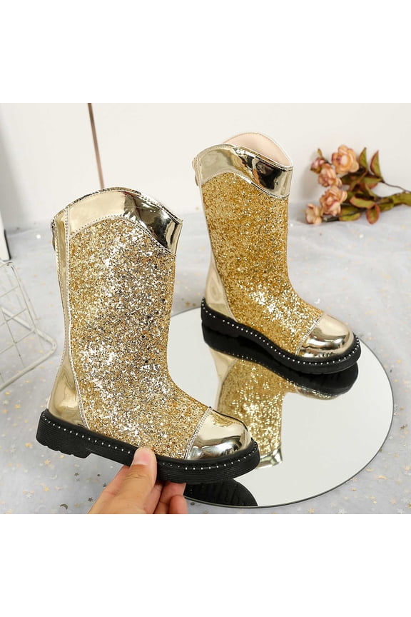 Toddler Girls Boots Sparkly Faux Leather Girls Boots Winter Sole Ankle Booties For Toddler Kids Lightweight Basic Shoes 9-10 Years Gold