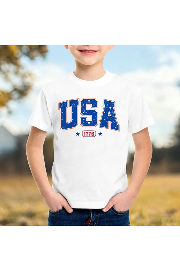 Tops For Boys Fourth Of July Patriotic Graphic Short Sleeve T Shirt Crewneck Tee For Kids Independence Day Celebration Handsome Wear 10-11 Years White