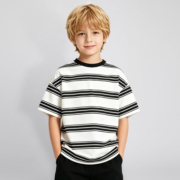 Ulitacool Tops For Boys Striped Short Sleeve Tee Round Neck Drop Shoulder Summer Basic T Shirt Casual Teen Clothing 12-13 Years White