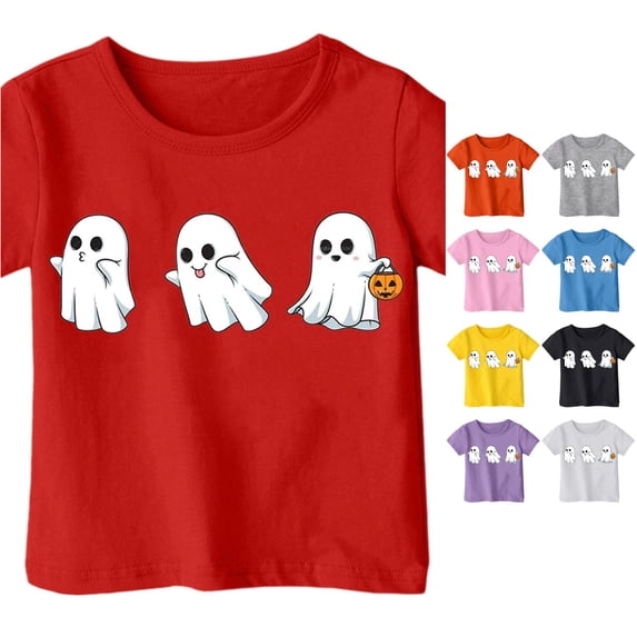 Ulitacool Tops For Girl Halloween Short Sleeve Cartoon Pattern Crewneck Hallowma Tee 10-11 Years Red