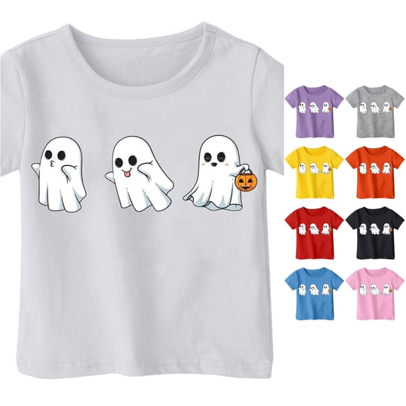 Ulitacool Tops For Girl Halloween Short Sleeve Cartoon Pattern Crewneck Hallowma Tee 4-5 Years White
