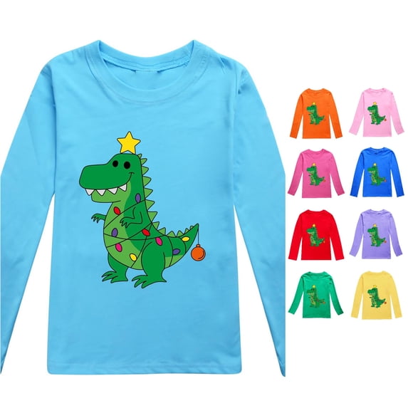 Ulitacool Tops For Girls Christmas Long Sleeve Dinosaur Pattern O Neck Xmas Tee 10-11 Years Blue