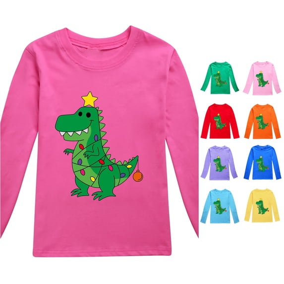 Ulitacool Tops For Girls Christmas Long Sleeve Dinosaur Pattern O Neck Xmas Tee 4-5 Years Hot Pink