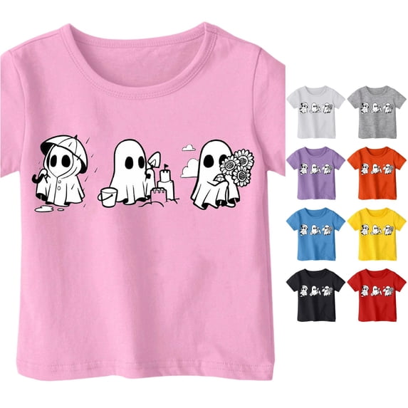 Ulitacool Tops For Girls Halloween O Neck Short Sleeve Cartoon Graphic Hallowma Tee 6-7 Years Pink