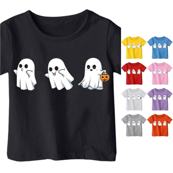 Ulitacool Tops For Girls Halloween Short Sleeve Cartoon Pattern Crewneck Hallowma Tee 3-4 Years Black