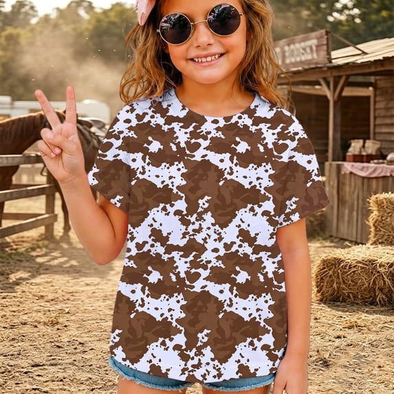 Ulitacool Tops For Girls Round Neck Short Sleeve Cartoon Graphic Tee 8-9 Years Brown
