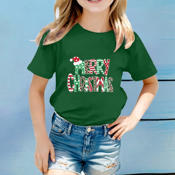 Ulitacool Tops For Girls Short Sleeve Cartoon Pattern Crewneck Tee 3-4 Years Green